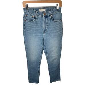 Madewell Perfect Vintage Jeans 26 Light Wash Straight Mom Fringe Hem Stretch
